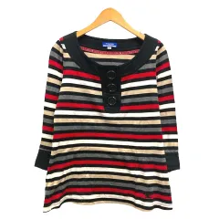 バーバリー ロンドン BURBERRY LONDON カットソー ボーダー ボタン Aライン ロゴ 刺繍 七分袖 38 黒 ブラック マルチカラー