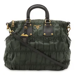 PRADA プラダ ギャザー トートバッグ ハンドバッグ  2WAY ショルダーバッグ 斜め掛け ナイロン レザー グレー カーキ ゴールド金具