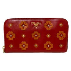 PRADA(プラダ) 長財布 - 1M0506 レッド×オレンジ フラワー(花)/スタッズ/ラウンドファスナー レザー