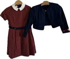 DD131 【美品タグ付き】FAMILIARファミリア　ワンピースセットアップ　ネイビー　レッドチェック　キッズ　130サイズ