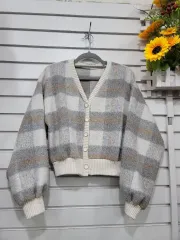 #レディース ファッション チェック柄 クロップド ニット カーディガン
