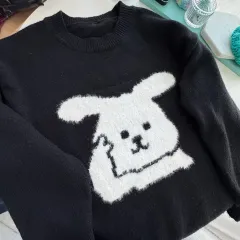 ブラック ホワイト うさぎパータン ニット 長袖 セーター