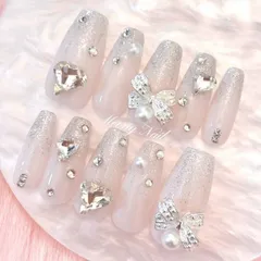 No.111オーダー♡量産型ワンホン韓国フレンチガーリースナ系リボンネイルチップ