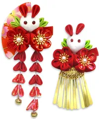 [JZOON] 髪飾り つまみ細工 七五三 成人式 ヘアアクセサリー 桜 菊 花 6色 2点セット 可愛い 鈴付き 手作り 浴衣 袴 着物 振袖 和装 成人式 前撮り 753 花火大会 盆踊り イベント 卒園式 卒業式 結婚式 赤 H1113