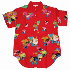 レオナール LEONARD リネン混 ベア プリント 半袖 シャツ クマ 総柄 カットソー トップス L レッド ur15 【中古】