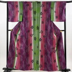 【美品】 小紋 身丈159cm 裄丈67cm M 単衣 縦縞 花 箔 紫 化繊 優品 【中古】