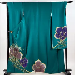 振袖 身丈163cm 裄丈67cm M 袷 草花 流水 金彩 染め分け 緑 正絹 秀品 【中古】