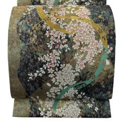 【美品】 袋帯 秀品 夢優花 幾何学 刺繍 箔 深緑 六通 正絹 【中古】