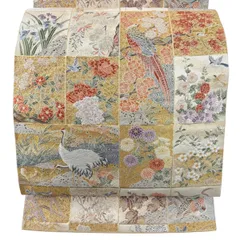 【美品】 袋帯 秀品 関西仕立て 花鳥 格子 箔 金糸 クリーム 六通 正絹 【中古】