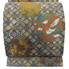 【美品】 袋帯 秀品 華文 鳥 箔 唐織 黒灰 六通 正絹 【中古】