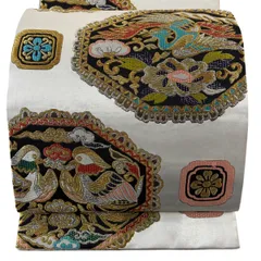 袋帯 秀品 向かい鳥 花唐草 金銀糸 箔 銀色 六通 正絹 【中古】