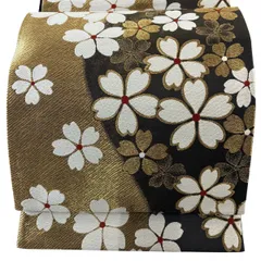 【美品】 袋帯 秀品 桜 斜縞 金糸 黒 六通 正絹 【中古】