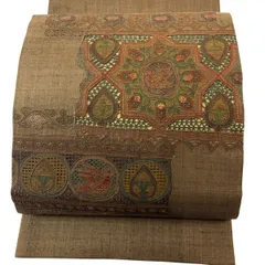 【美品】 袋帯 秀品 紬地 華文 鳥 刺繍 焦茶色 お太鼓柄 正絹 【中古】