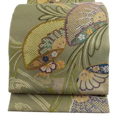 【美品】 袋帯 秀品 菊 桜 箔 唐織 抹茶色 六通 正絹 【中古】