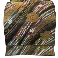 袋帯 秀品 振袖向き 桜 幾何学模様 金糸 箔 金色 六通 正絹 【中古】