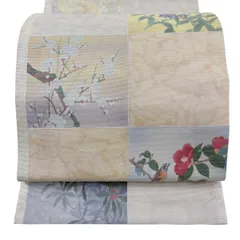 袋帯 秀品 花鳥 変わり市松 箔 ベージュ お太鼓柄 正絹 【中古】