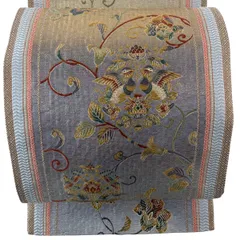 袋帯 秀品 向かい鳥 花唐草 刺繍 箔 灰紫 六通 正絹 【中古】