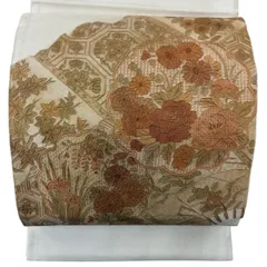 袋帯 秀品 牡丹 扇 刺繍 金彩 クリーム お太鼓柄 正絹 【中古】
