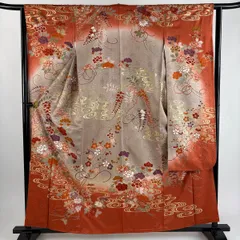 振袖 身丈159.5cm 裄丈61cm S 袷 草花 組紐 金彩 染め分け 灰茶 正絹 秀品 【中古】