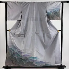 付下げ 身丈157cm 裄丈63cm S 袷 紬地 落款 風景 建物 金彩 ぼかし 灰紫 正絹 秀品 【中古】