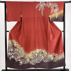 【美品】 訪問着 身丈153cm 裄丈64.5cm M 袷 落款 辻が花 ぼかし 茜色 正絹 秀品 【中古】