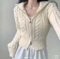 ) エイブリー ニットジップアップ ケーブル編み ハチ リブ編み ハイネック ツーウェイ ジップアップ (アイボリー)