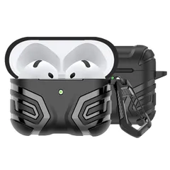 【新着商品】耐衝撃 落下防止 カバー 4 4 LEDライト可視 AirPods AirPods 炭素繊維表面 分離式 TPU素材「メカニカルさ」カバー カラビナ付き(ブラック) ケース ケース(2024)エアーポッズ4 用 BUITFOU