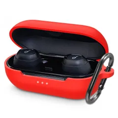 【数量限定】KOMININA イヤホンケース Anker Soundcore Liberty Neo 2 対応 シリコン製 全面保護 耐衝撃 防水 防塵 装着充電可能 カラビナ付き (レッド)