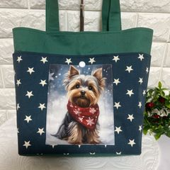 [419]ストールを巻いたヨーキーちゃん☆ポケットいっぱいトート(持ち手長め)