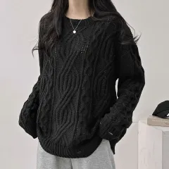 ブラック ケーブル編み ルーズフィット ダメージ ニット