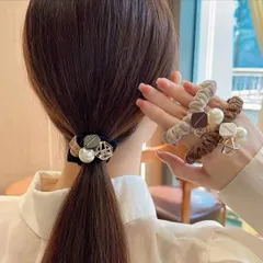 【数量限定】コーヒー グレー 3 ブラック 点セット 大人 秋と冬 ヘアゴム シュシュ ソフト ゴムバンド 大人かわいい 秋と冬 毛毛小?珍珠?圈黑色??灰色三件套パール ヘアアクセサリー パール ヘアネクタイ レディース