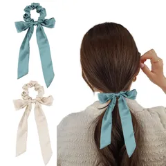 【新着商品】ヘアアクセサリー ロング おしゃれ 輪ゴム 髪飾り ヘアバンド レディース シルク【2個セット】蝶々結び 全年使用 シュシュ パーティー ヘアゴム 入学式/卒業式/デート リボン ギフト Liroyal (ベージュ＋グリーン)