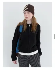 ENZO BLUES ブークレ クロップド ニット ジップアップ ブラック