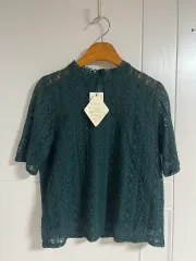 (日本 ヴィンテージ) レース ブラウス 半袖 シースルー グリーン M タグ付き