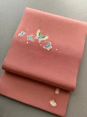 名古屋帯　長尺　ピンク　蝶々　作家もの