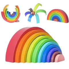 【在庫処分】ギフト 入園祝い 出産祝い クリスマス 誕生祝い 男の子 女の子 子供 赤ちゃん プレゼント ビルディング 早期開発 想像力 知育玩具 モンテッソーリ スタッキング バランスゲーム 半円形 アーチレインボー 虹色トンネル 木製 虹の積み木 10層 