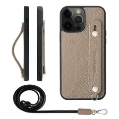 新品 HANATORA for iPhone 13ProMax ケース 本革 耐衝撃 背面ベルト ストラップリング スマホケース スマホ スタンド機能 ネックストラップ 付き カードポケット シュリンクレザー ギフト グレージュ CGHGZ-13ProMax-