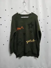 PLASTIC ISLAND カーキ色 プリンティング ニットセーター S
