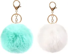 COZENTA チャーム ふわふわ ポンポン キーホルダー 可愛い 2個セット (アクアブルー＆ホワイト)