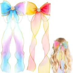 【在庫処分】ヘアクリップ 2個 プリンセス リボン ビジュー ヘアアクセサリー 大きめ 髪飾り高いグリップ力 髪を傷めない コスプレ 発表会 子供 ヘアピン 誕生日 (ブルー＋イエロー)