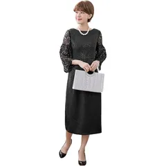 LIUZHONGQIN レディース ドレス フォーマルドレス パーティードレス レースドレス マキシドレス 七分袖 クルーネック カジュアル 着痩せ 謝恩会 発表会 演奏会 記念日 同窓会 披露宴 花嫁 春夏秋 透け感 お呼ばれ (ブラック,L,L)