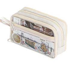 【人気商品】透明 筆箱 クリア ふでばこ 筆入れ ペンバッグ 大容量 ペンポーチ 多機能 化粧品収納バッグ ツールペンケース 小物収納 文房具収納 透明な窓 旅行用 出張用 女の子 男の子 学生用 [ASY]ペンケース 子供用 装飾シールなし (ベージュ 13