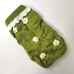 【新品】XL ワンちゃん用 お花モチーフ ニットウェア セーター グリーン フリル付き 伸縮性あり 防寒 お散歩 中型犬/NO.S07