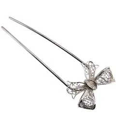 [Miaomyao] かんざし u字型 髪飾り 和装 浴衣 着物 リボン 透かし模様 ヘアアクセサリー (シルバー)