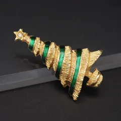 M387 ブローチ クリスマスツリー 木 スター ダイヤモンド風 グリーンエナメル ゴールド デザイン コスチュームジュエリー