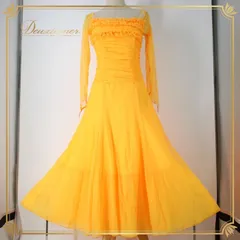 社交ダンス 衣装 スタンダード ドレス ワンピース パーティドレス イエロー系 オレンジ系 ビジュー レース フリル ラインストーン 長袖 派手 フレッシュ 多機能 伸縮性 高品質 シルエット 二重スカート 日本製 彩り 輝き おしゃれ ダンスパーティー
