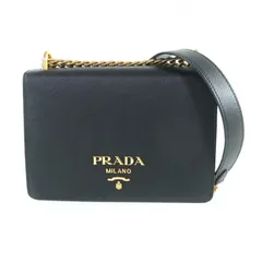 美品★PRADA プラダ 1BD133 サフィアーノレザー ミニバッグ メタルロゴ チェーン ショルダーバッグ ブラック ゴールド金具 保存袋付き レディース