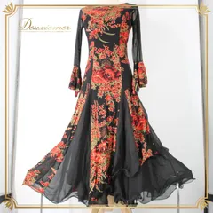 社交ダンス 衣装 スタンダード ドレス ワンピース パーティドレス ブラック系 レッド系 prima boutique プリマブティック 黒 赤 花柄 大人向け おしゃれ デザイン 花柄ドレス フレアスカート フラワープリント 可愛い 謝恩会 結婚式 交流会