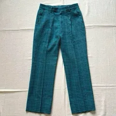 希少　80s　vintage　ヴィンテージ古着　OLD LACOSTE　オールドラコステ　センタープレス　ブルーチェック柄　ウールスラックス　ワイドパンツ　一点物　Y2K　昭和レトロ　C-GIRL　blue plaid pattern wide slacks