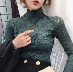 【ダークグリーン】レディース レース トップス ハイネック 長袖 透け感 シースルー 重ね着 上品 インナー きれいめ 大人